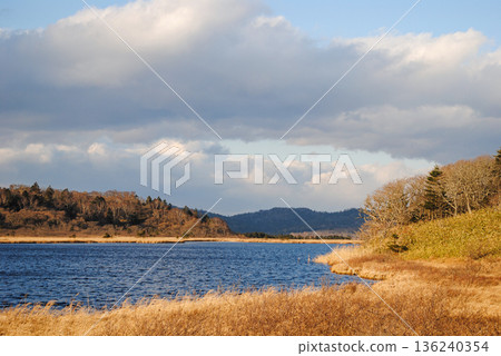 The photograph captures a breathtaking view of a sea bay and autumn forest on the Kuril Islands during sunset on a sunny day. The photograph captures a breathtaking view of a sea bay and autumn forest on the Kuril Islands during sunset on a sunny day. 136240354