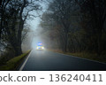 Emergency ambulance speeding on road in heavy fog 136240411
