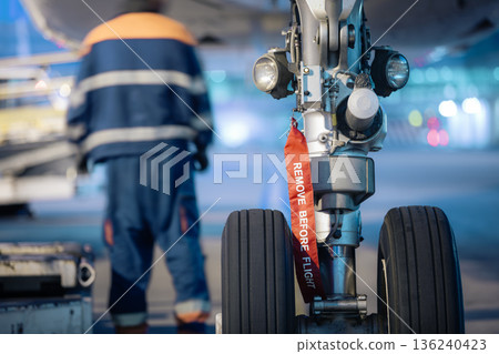 Aircraft nose wheel with red flag Remove Before Flight 136240423