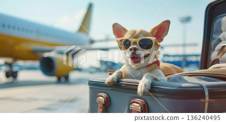 A Joyful Dog Ready for Adventure at the Airport, Sporting Sunglasses While Relaxing on a Luggage, Capturing the Spirit of Travel and Companionship 136240495