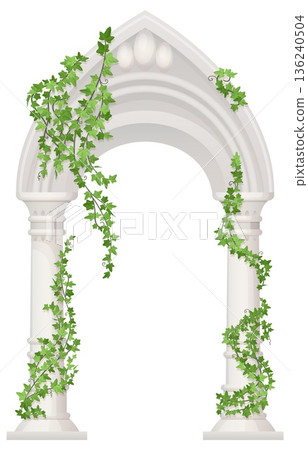 Wedding pillar gate. Classic elegant stone arch with green branches 136240504