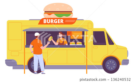Burger truck cartoon icon. People eat street food 136240532