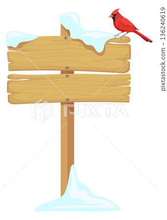 Winter bird sit on wooden billboard. Rural sign template 136240619