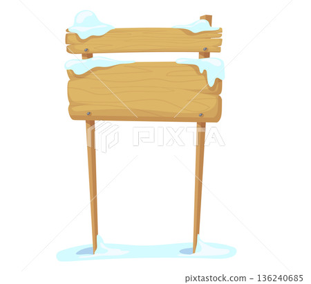 Wooden signboard covered in snow. Winter card template Wooden signboard covered in snow. Winter card template 136240685