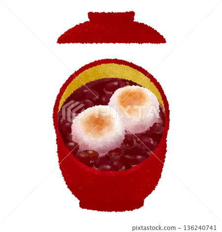 Round rice cake sweet soup in a lidded bowl with watercolor touch Round rice cake sweet soup in a lidded bowl with watercolor touch 136240741