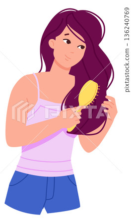 Brushing hair icon. Woman comb out tangles Brushing hair icon. Woman comb out tangles 136240769