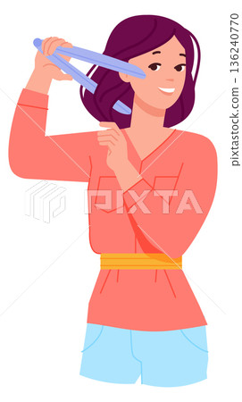 Woman straightening hair with iron, Beauty girl character Woman straightening hair with iron, Beauty girl character 136240770