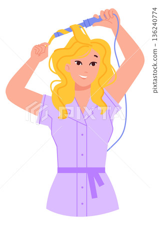 Curling hair icon. Woman use hairstyle curler Curling hair icon. Woman use hairstyle curler 136240774