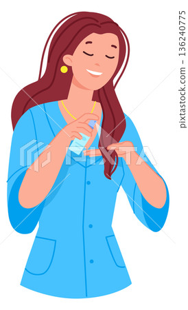 Woman use cosmetic oil on hair. Beauty routine icon 136240775