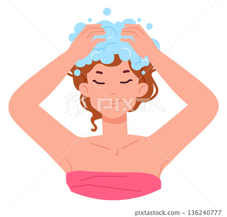 Woman washing hair with shampoo. Routine color icon Woman washing hair with shampoo. Routine color icon 136240777