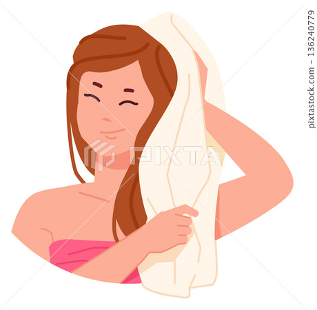 Woman wipe hair with towel. Washing hair routine Woman wipe hair with towel. Washing hair routine 136240779