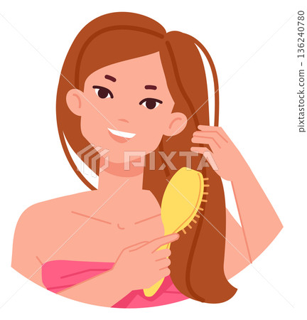 Woman brushing hair with comb. Beauty routine icon Woman brushing hair with comb. Beauty routine icon 136240780
