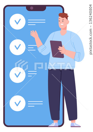 Man check tasks on smartphone. To do list organizing 136240804