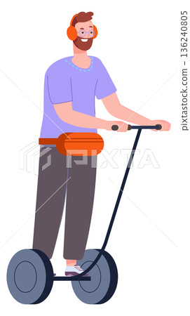 Happy man on segway. Driving color character in headphones 136240805