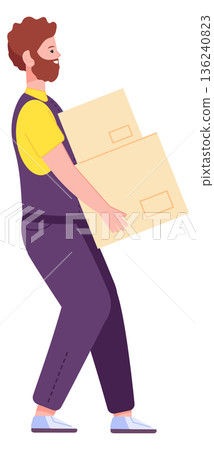 Man carry packaging boxes. Mover color character Man carry packaging boxes. Mover color character 136240823