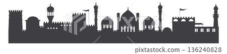 Eastern urban panorama. Black cityscape buildings silhouette Eastern urban panorama. Black cityscape buildings silhouette 136240828