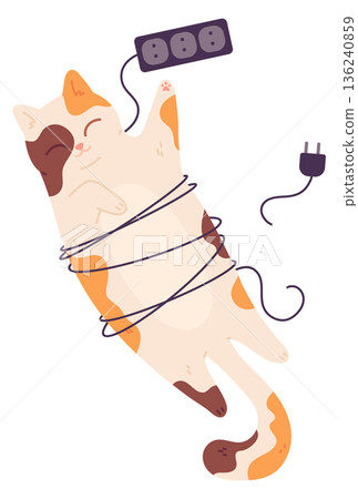 Cat play with wires. Power cable damage icon Cat play with wires. Power cable damage icon 136240859