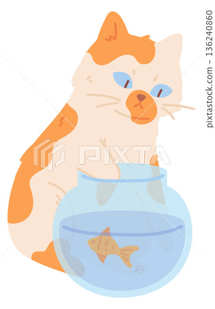 Cat try catch fish from glass bowl. Bad pet character Cat try catch fish from glass bowl. Bad pet character 136240860