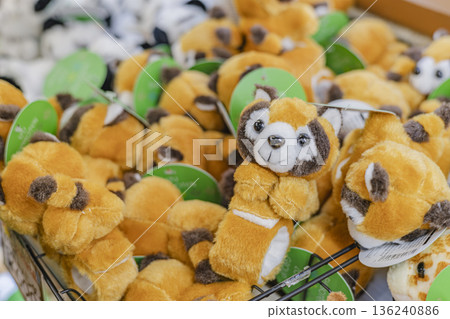 雜貨店裡堆放著各式各樣的毛絨玩具和吉祥物。 雜貨店裡堆放著各式各樣的毛絨玩具和吉祥物。 136240886