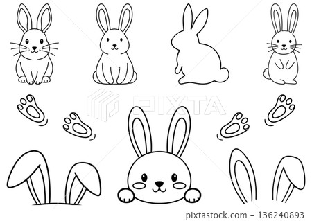 Cute Easter Bunny Line Art Set 136240893