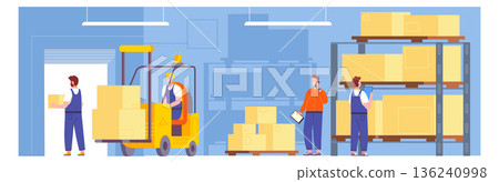 Warehouse scene with storage workers. Shipping service interior 136240998