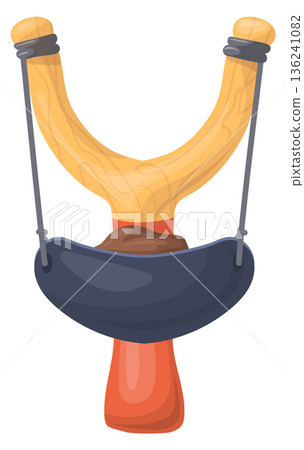 Wooden slingshot icon. Child sport cartoon weapon Wooden slingshot icon. Child sport cartoon weapon 136241082