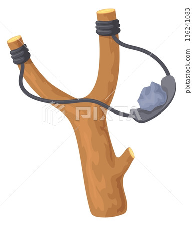 Throwing stone catapult toy. Cartoon slingshot icon Throwing stone catapult toy. Cartoon slingshot icon 136241083
