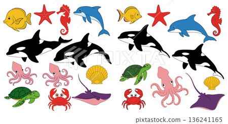 Collection of marine animals including cartoon orcas, dolphins, starfish, and shellfish, scattered randomly 136241165