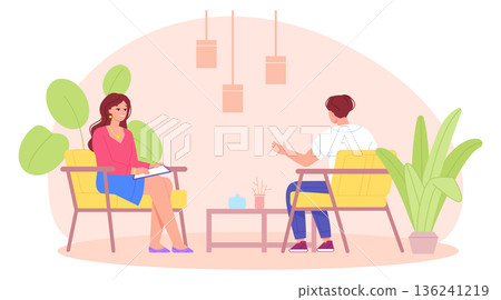 Interview color illustration. Female journalist talk with guest 136241219