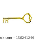 Vintage gold key, heart shaped key ring head, ancient symbol of access and security. 136241249