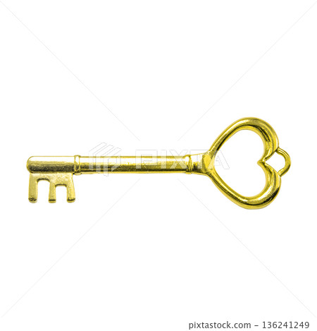 Vintage gold key, heart shaped key ring head, ancient symbol of access and security. 136241249
