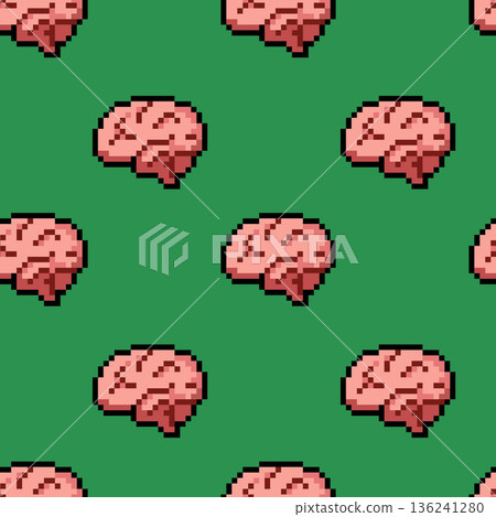Seamless pixel brain pattern symbolizing intelligence, creativity, learning and innovation. Perfect for tech branding, education projects, startups, apps, games, wallpapers, modern digital backgrounds 136241280