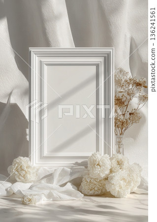 Elegant white floral memorial announcement background with empty frame soft light and calm neutral tones 136241561