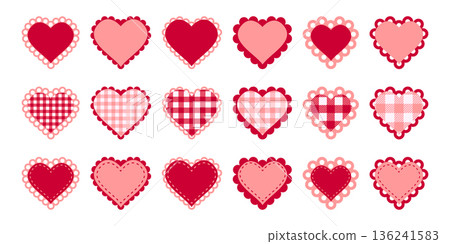 Set of paper or fabric red and pink heart shapes with scalloped borders. Templates of romantic cards or patches with ruffles, stitched borders and gingham prints. Vector flat illustration Set of paper or fabric red and pink heart shapes with scalloped borders. Templates of romantic cards or patches with ruffles, stitched borders and gingham prints. Vector flat illustration 136241583