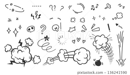 Comic marks. Hand draw effect. Question and cloud puff. Scribble sketch line and movement arrow. Fun emoticon expression. Manga dizzy stars. Outline bang. Vector graphic elements set 136241590