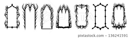 Gothic frame. Tribal fantasy border, neo baroque ornament or y2k branch arch as vintage grunge decoration. Black silhouette, decorative door gate, mystic element. Vector isolated design 136241591