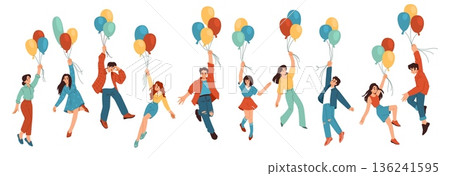 People hold balloons. Happy birthday fly helium baloon, characters with ballon in hands flying. Woman, man and kid child dream in air celebration. Vector cartoon flat style isolated set People hold balloons. Happy birthday fly helium baloon, characters with ballon in hands flying. Woman, man and kid child dream in air celebration. Vector cartoon flat style isolated set 136241595