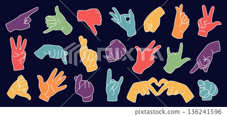 Thumb icons. Different hand gestures. Finger up, ok or heart retro drawn logo sign. Modern touch, minimal brush shape. Forefinger pointing, approval sign. Vector cartoon lines flat set Thumb icons. Different hand gestures. Finger up, ok or heart retro drawn logo sign. Modern touch, minimal brush shape. Forefinger pointing, approval sign. Vector cartoon lines flat set 136241596
