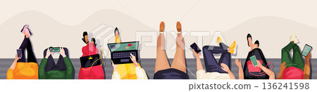 Students at seats. University campus. Teens read from smartphones. People education. Persons sitting on bench. Adult writing in book. School teenagers top view. Vector illustration Students at seats. University campus. Teens read from smartphones. People education. Persons sitting on bench. Adult writing in book. School teenagers top view. Vector illustration 136241598