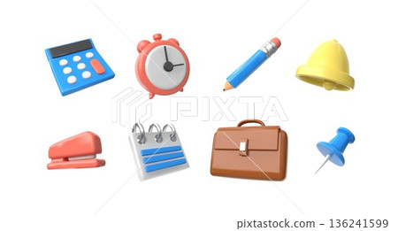3D icon. Office supply. Notice organizer. Stapler and clip. Notification bell. Calculator and alarm clock timer. Stationery pin. Calendar reminder. Vector render plastic symbols set 3D icon. Office supply. Notice organizer. Stapler and clip. Notification bell. Calculator and alarm clock timer. Stationery pin. Calendar reminder. Vector render plastic symbols set 136241599