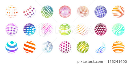 Sphere logo. Globe with square or hexagon texture elements. 3D orb. Tech pixel round geometric shape. Abstract wavy graphic form. Concentric circles. Checkered surface. Vector icons set Sphere logo. Globe with square or hexagon texture elements. 3D orb. Tech pixel round geometric shape. Abstract wavy graphic form. Concentric circles. Checkered surface. Vector icons set 136241600