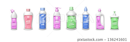 3D detergent. Laundry wash powder. Cleaning product bottle. Liquid fluid capsule box. Ecological toilet cleanser. Dishwashing package. Household chemical. Vector packaging mockup set 3D detergent. Laundry wash powder. Cleaning product bottle. Liquid fluid capsule box. Ecological toilet cleanser. Dishwashing package. Household chemical. Vector packaging mockup set 136241601