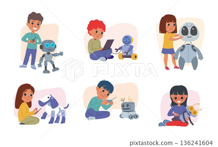 Programming technology in school. Computer education. Children assemble robots. Coding AI toys. Students control cyborgs with joysticks. Innovation technology. Vector smart kids set 136241604