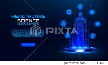 Human hologram. 3D medical body scan. Anatomy AI screen or HUD portal. Biotechnology diagnostic analysis. Data tech display. Healthcare science. Glowing male figure. Vector background Human hologram. 3D medical body scan. Anatomy AI screen or HUD portal. Biotechnology diagnostic analysis. Data tech display. Healthcare science. Glowing male figure. Vector background 136241606