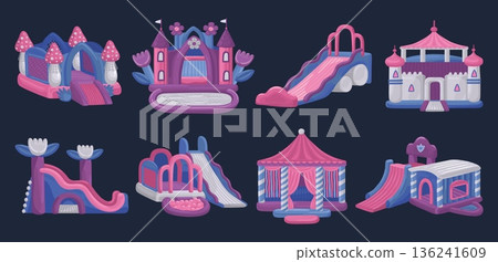 Bouncy castle. Inflate bounce air house. Jumping slide kids. Party playground. Trampoline game. Inflatable marquee. Rubber tower and walls. Amusement attraction. Vector isolated icons set Bouncy castle. Inflate bounce air house. Jumping slide kids. Party playground. Trampoline game. Inflatable marquee. Rubber tower and walls. Amusement attraction. Vector isolated icons set 136241609