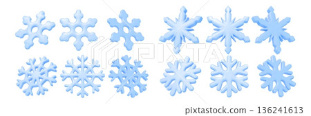 3d snowflake set. Ice snow flake, winter crystal render glossy decorative objects or frost realistic blue decoration different angles view. Plastic weather shape. Vector isolated icon 136241613