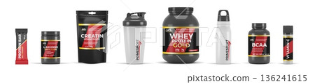 Protein supplement. Sport bottle 3D package. Vitamin bar. Whey product shake. Energy powder drink. Nutrition jar. Product for bodybuilding product. Vector packaging realistic mockups set 136241615