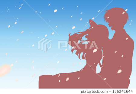 一對男女並肩而立,面帶笑容,外出散步,櫻花飄落,雪花紛飛,剪影映襯著藍天。 一對男女並肩而立,面帶笑容,外出散步,櫻花飄落,雪花紛飛,剪影映襯著藍天。 136241644
