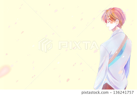 Happy smiling man going out cherry blossom blizzard horizontal Happy smiling man going out cherry blossom blizzard horizontal 136241757