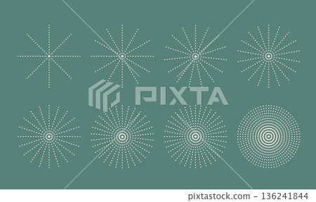 Linear dots in radial form. Fireworks Explosion vector background. Circular radiating sun, star forms. 136241844